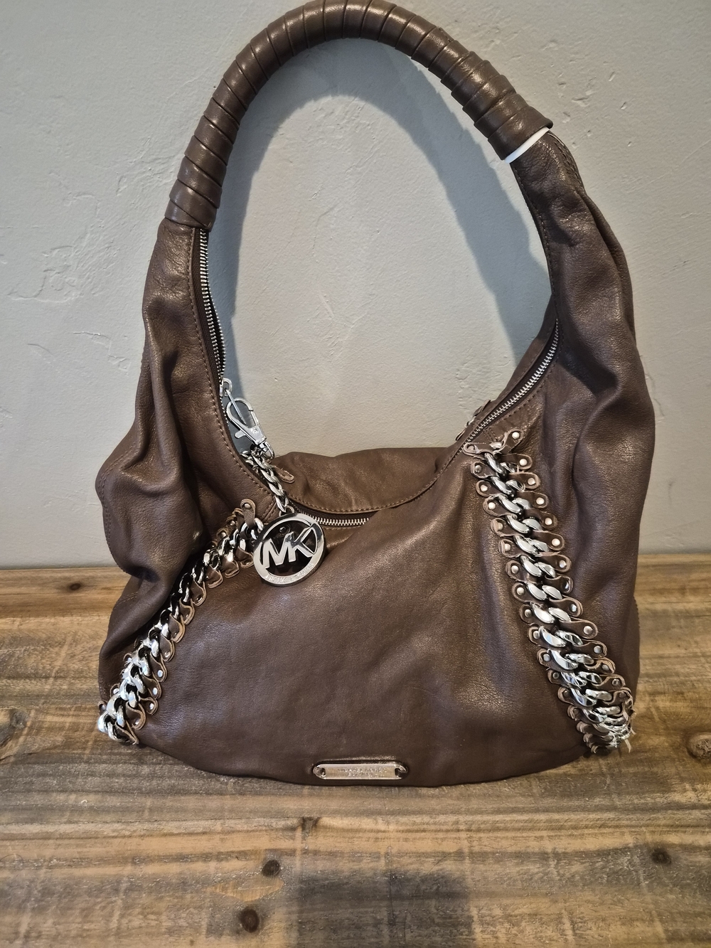 Michael Kors Brown Leather Chain-Trim Hobo Bag